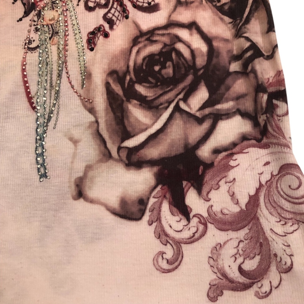 Boho Pink Tank Top with Floral Graphic Front & Back & Rhinestuds on Front Size L - Picture 4 of 6